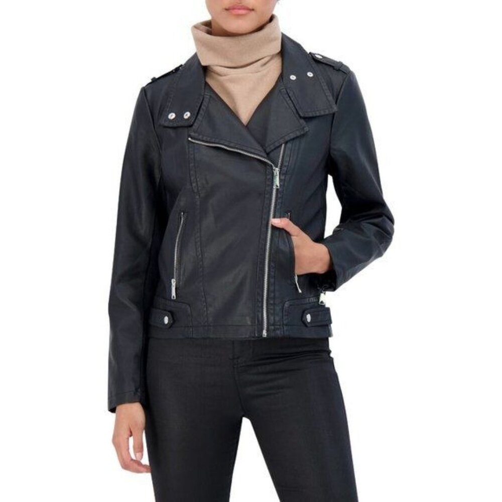 Sebby Collection Asymmetrical Faux Leather Jacket